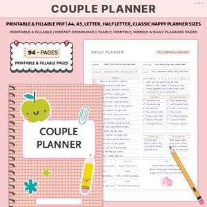 May include: A pink and white checked Couple Planner with a spiral binding. The cover features an apple sticker, the words "Couple Planner", and a pencil illustration. Includes daily, weekly, and monthly planning pages.