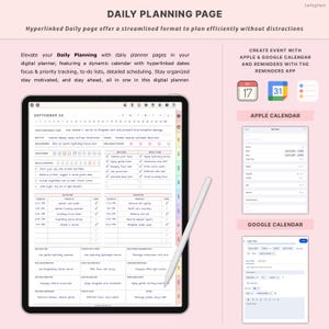 May include: A digital daily planning page displayed on a tablet, featuring a dynamic calendar, to-do lists, and scheduling options. The page includes the text "DAILY PLANNING PAGE" and "Hyperlinked Daily page offer a streamlined format to plan efficiently without distractions."
