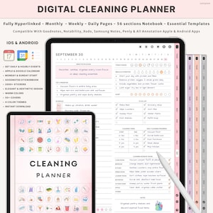 Peut inclure: Planificateur de nettoyage numérique sur tablette et petit appareil. Le planificateur comprend des pages quotidiennes, hebdomadaires et mensuelles, avec des sections pour les tâches, les horaires et les notes. Compatible iOS et Android, avec des couleurs chaudes.