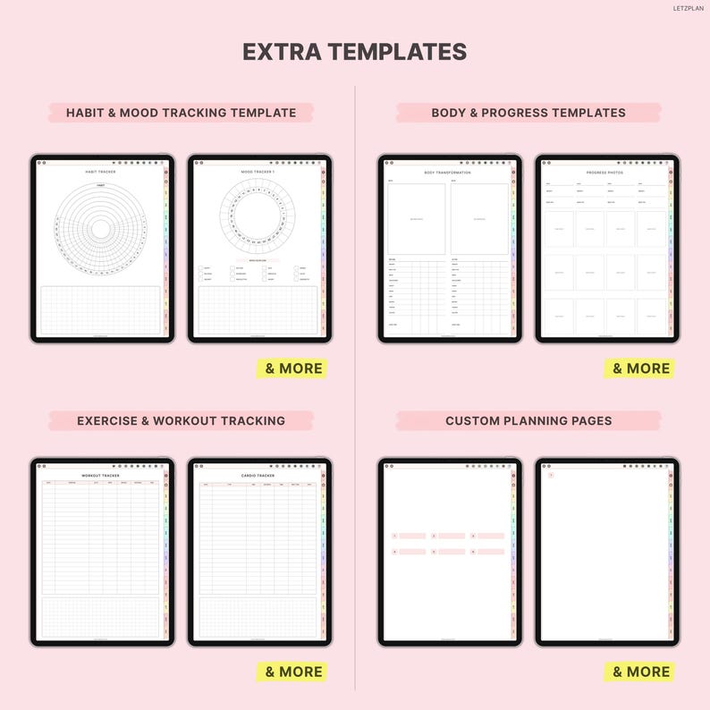 May include: Digital planner templates on black tablets. The image showcases templates for habit tracking, mood tracking, body progress, exercise, and custom planning pages. Text includes "EXTRA TEMPLATES" and "& MORE". The background is light pink.