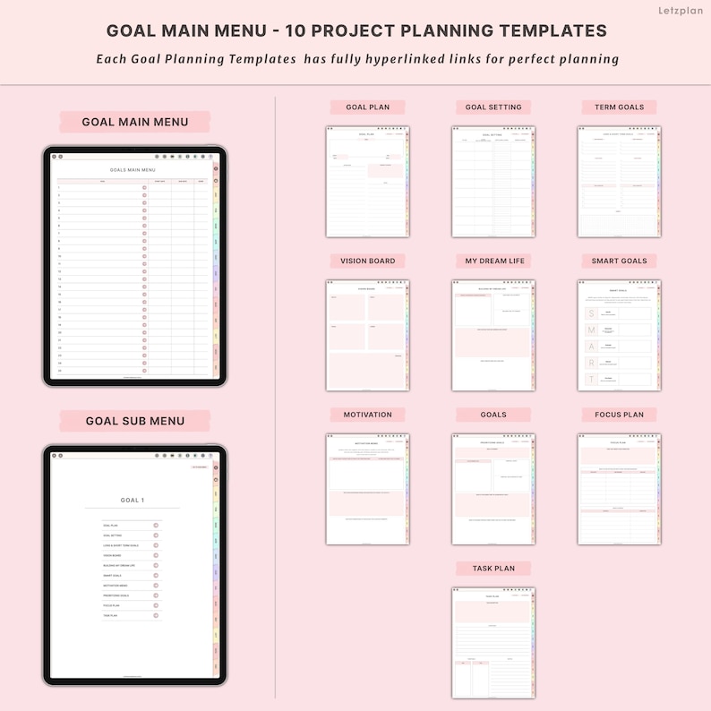 K&ouml;nnte beinhalten: Digitale Projektplanungsvorlagen auf rosa Hintergrund. Das Bild zeigt ein Tablet mit den Men&uuml;s "Goal Main Menu" und "Goal Sub Menu". Weitere Vorlagen sind "Goal Plan", "Goal Setting", "Term Goals", "Vision Board", "My Dream Life", "Smart Goals", "Motivation", "Goals", "Focus Plan" und "Task Plan".