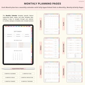 May include: Digital planner with monthly planning pages. The image shows a tablet displaying a September calendar, weekly and daily plans, and sections for goals, reflection, finance, and trackers. A stylus is also present.