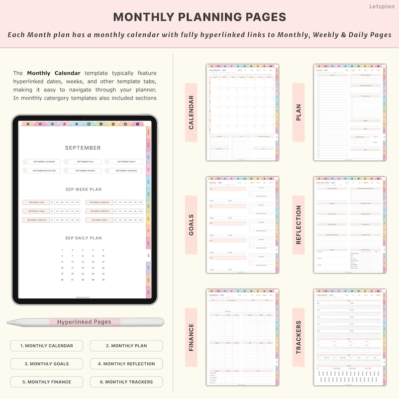 May include: Digital planner with monthly planning pages. The image shows a tablet displaying a September calendar, weekly and daily plans, and sections for goals, reflection, finance, and trackers. A stylus is also present.