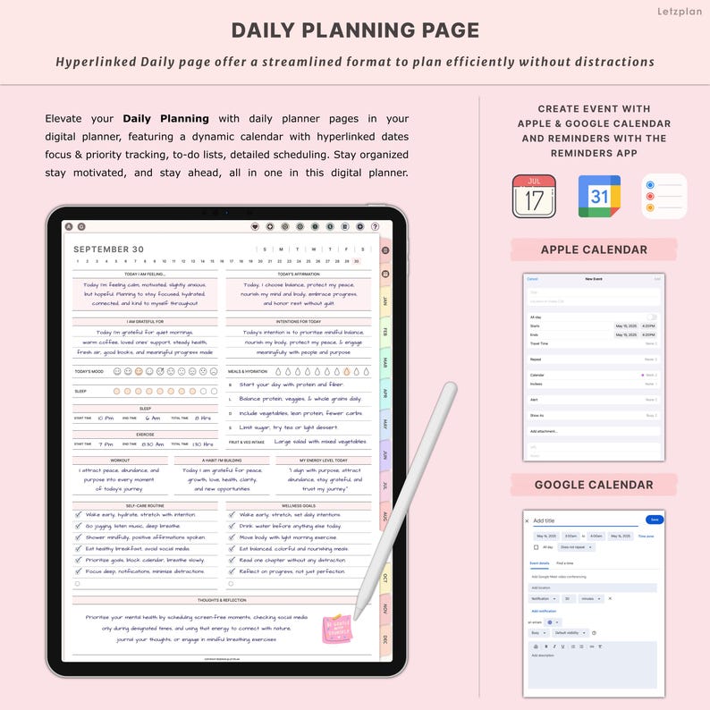 May include: A digital daily planner on a tablet screen, with a focus on efficient planning and organisation. The page includes a calendar, to-do lists, and scheduling features. A stylus rests beside the screen, with examples of Apple and Google calendar integration.