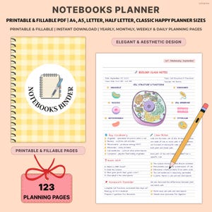 May include: A printable planner with a yellow gingham cover and a notebook design. The planner includes 123 planning pages and features biology class notes. The design is elegant and aesthetic.