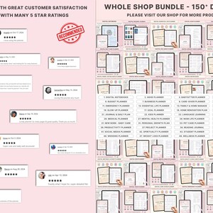 May include: Image features a collection of digital planners and customer reviews. The planners are displayed on tablets, showcasing various organizational tools. Customer testimonials with 5-star ratings are also visible, along with text that reads "Bestselling Products" and "Recommended."