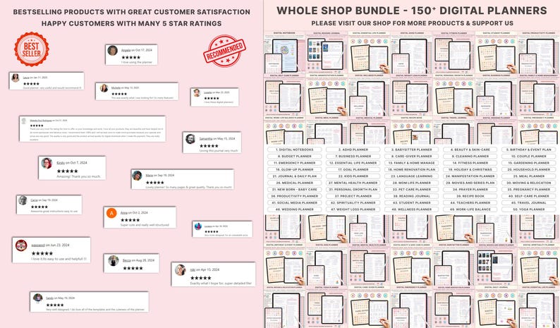 May include: Image features a collection of digital planners and customer reviews. The planners are displayed on tablets, showcasing various organizational tools. Customer testimonials with 5-star ratings are also visible, along with text that reads "Bestselling Products" and "Recommended."