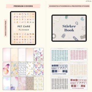 May include: Digital planner and sticker book set. The planner features a "Pet Care Planner" cover with icons. The sticker book has a "Sticker Book" cover. Additional covers and sticker sheets are also displayed.