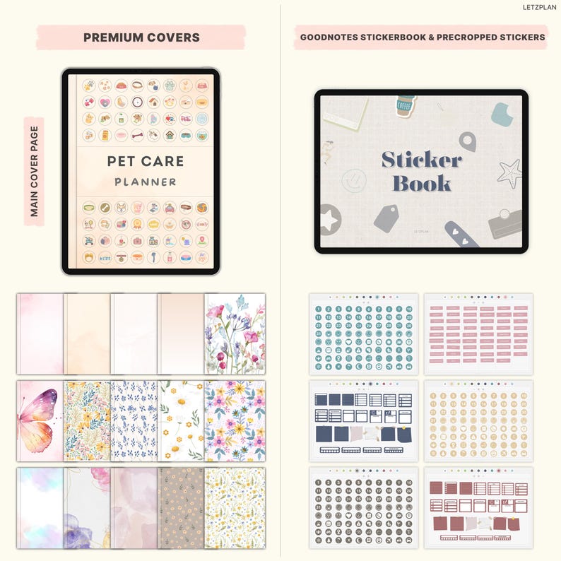 May include: Digital planner and sticker book set. The planner features a "Pet Care Planner" cover with icons. The sticker book has a "Sticker Book" cover. Additional covers and sticker sheets are also displayed.