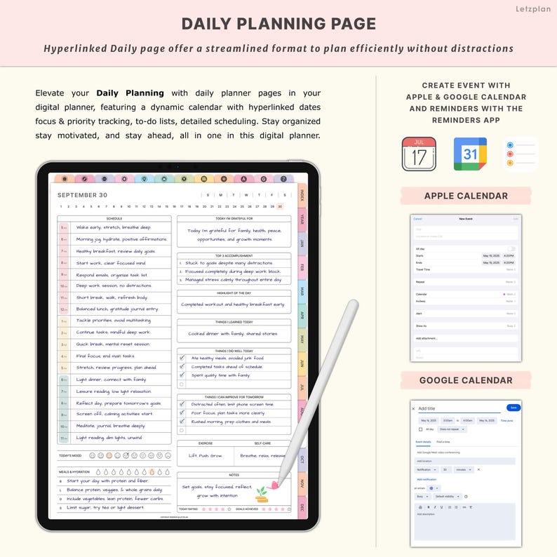 Op de afbeelding: Digitale plannerpagina met een dynamische kalender, takenlijsten en planningsfuncties. De pagina bevat de tekst "Daily Planning Page" en "Hyperlinked Daily page offer a streamlined format to plan efficiently without distractions."