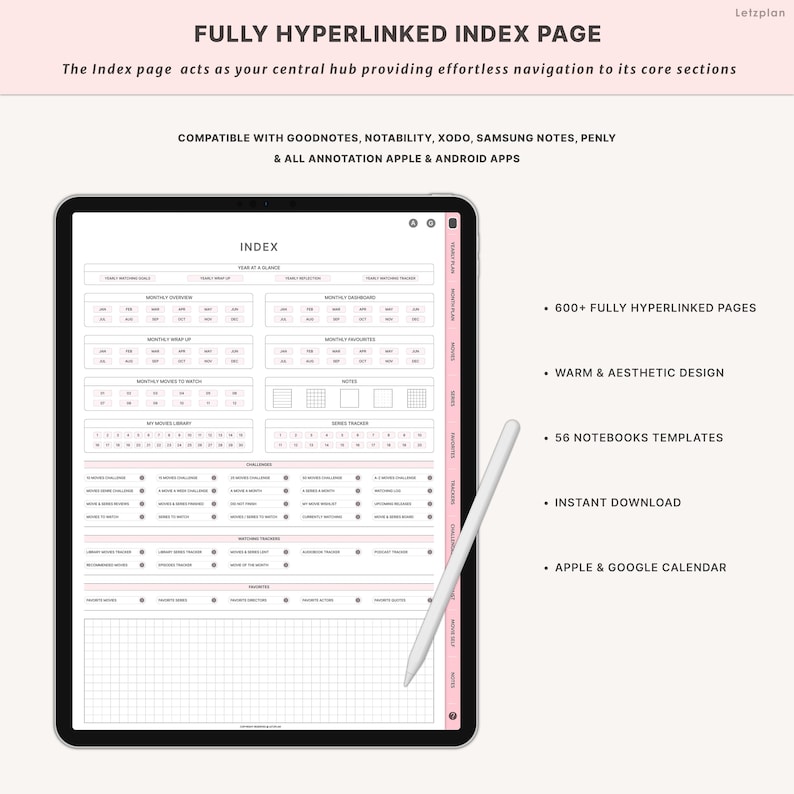 May include: A digital planner index page displayed on a tablet with a stylus. The page is pink and white with text that reads "FULLY HYPERLINKED INDEX PAGE". The planner is compatible with Goodnotes, Notability, Xodo, Samsung Notes, Penly, and Apple & Android apps.