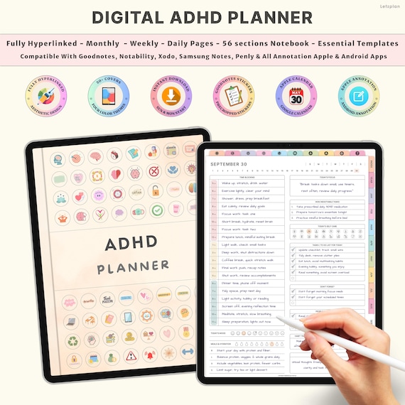 Undated ADHD Life Planner | Digital ADHD Organizer and Journal | GoodNotes iPad Planner | Weekly Daily Planner & Adult ADHD Templates