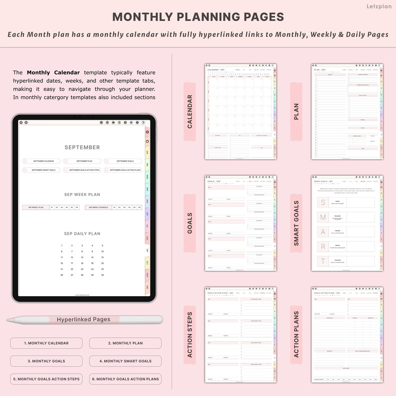 K&ouml;nnte beinhalten: Digitale Planerseiten mit dem Text &bdquo;MONTHLY PLANNING PAGES&ldquo;. Das Bild zeigt ein Tablet mit einem Monatskalender, Wochenplan und Tagesplan. Zus&auml;tzliche Seiten umfassen Ziele, Aktionsschritte und Smart Goals.