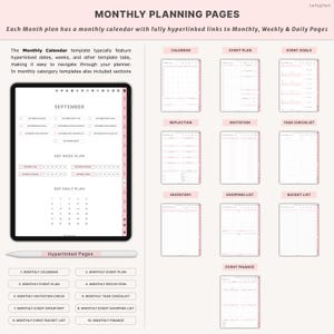 May include: A digital planner with monthly planning pages. The image shows a tablet displaying a September calendar, weekly and daily plans, and various template tabs. The text includes "Monthly Planning Pages" and "Hyperlinked Pages."
