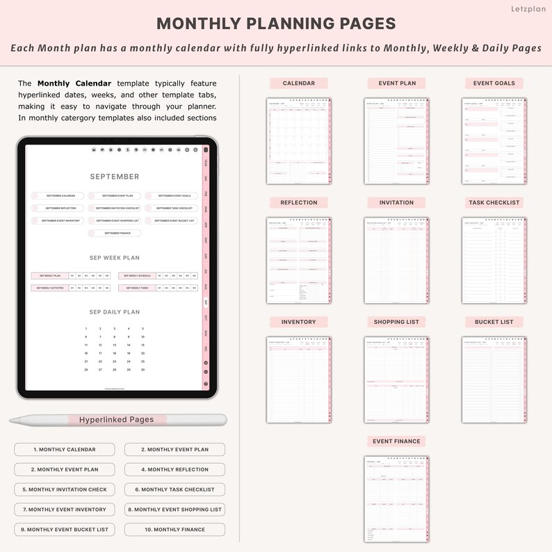 May include: A digital planner with monthly planning pages. The image shows a tablet displaying a September calendar, weekly and daily plans, and various template tabs. The text includes "Monthly Planning Pages" and "Hyperlinked Pages."