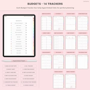 May include: A digital budgeting planner with 14 trackers, such as bank accounts and weekly budgets, displayed on a tablet. The pages are hyperlinked for easy use. The text "BUDGETS - 14 TRACKERS" is at the top. A stylus is also visible.