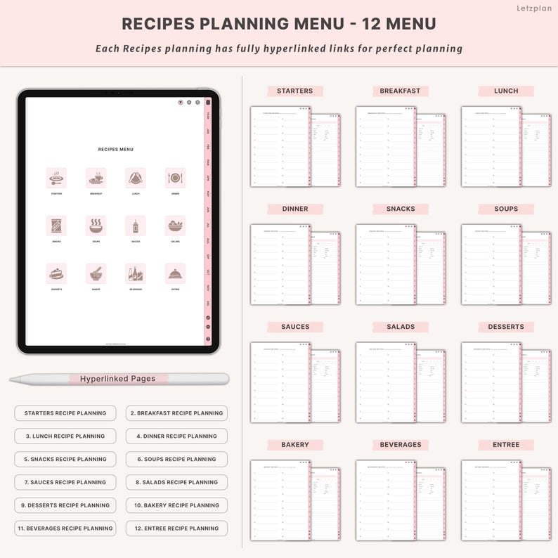 K&ouml;nnte beinhalten: Digitales Rezeptplanungsmen&uuml; mit 12 Abschnitten, darunter Vorspeisen, Fr&uuml;hst&uuml;ck, Mittagessen, Abendessen, Snacks, Suppen, Saucen, Salate, Desserts, B&auml;ckerei, Getr&auml;nke und Hauptgericht. Das Men&uuml; wird auf einem Tablet mit Stift angezeigt.