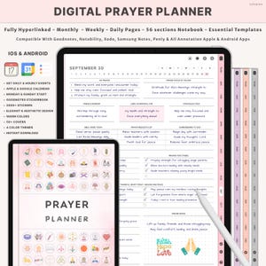Peut inclure: Planificateur de prières numérique sur tablette et petit appareil. Le planificateur comprend des sections quotidiennes, hebdomadaires et mensuelles, avec 56 sections au total. Il est compatible avec diverses applications et disponible pour iOS et Android. Le planificateur a un thème de couleurs chaudes et comprend des autocollants.