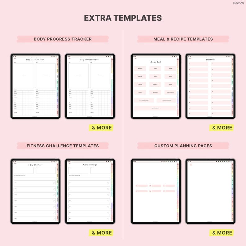 May include: Digital planner templates displayed on tablets. The image shows templates for body progress tracking, meal and recipe planning, fitness challenges, and custom planning pages. The text "EXTRA TEMPLATES" and "& MORE" are also visible.