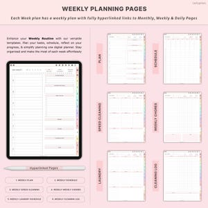 K&ouml;nnte beinhalten: Digitale Wochenplanungsseiten mit einem Tablet, Stift und verschiedenen Vorlagen. Die Seiten umfassen Abschnitte f&uuml;r Wochenpl&auml;ne, Zeitpl&auml;ne, Schnellreinigung, Hausarbeiten, W&auml;sche und Reinigungsprotokolle. Der Text lautet "Weekly Planning Pages" und "Hyperlinked Pages."