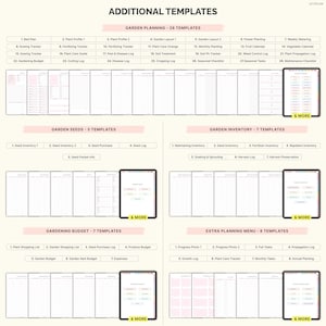 May include: A digital planner template page titled "ADDITIONAL TEMPLATES" with various gardening templates. Categories include Garden Planning, Garden Seeds, Garden Inventory, Gardening Budget, and Extra Planning Menu. Each category has several templates for planning.