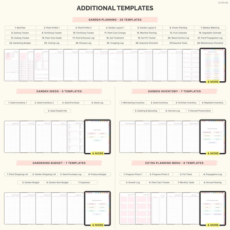 May include: A digital planner template page titled "ADDITIONAL TEMPLATES" with various gardening templates. Categories include Garden Planning, Garden Seeds, Garden Inventory, Gardening Budget, and Extra Planning Menu. Each category has several templates for planning.