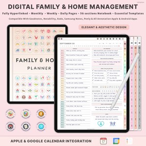 May include: Digital family and home management planner displayed on two tablets. The planner includes monthly, weekly, and daily pages with 56 sections. The text on the screen reads "Family & Home Planner" and "September 30".