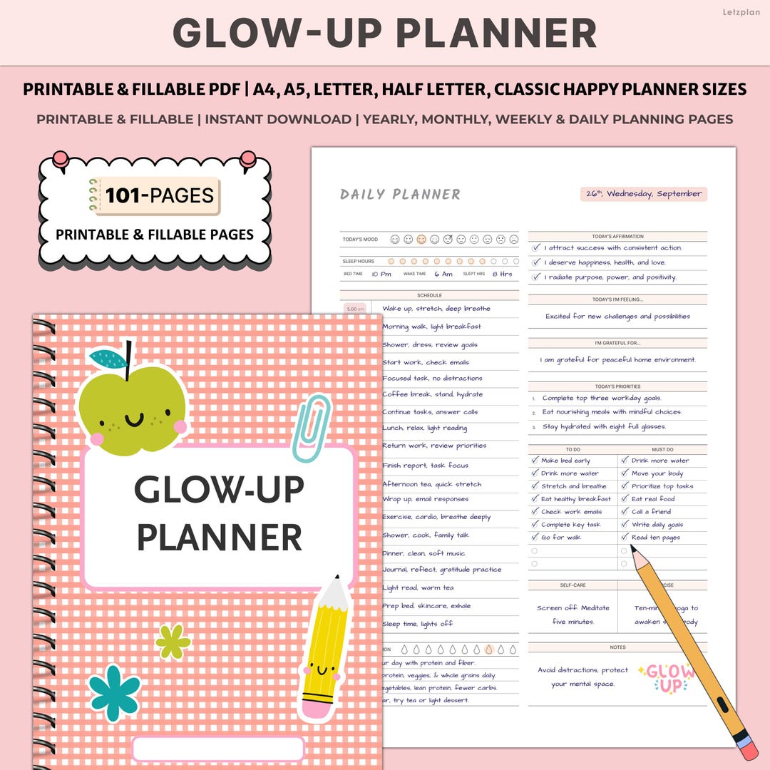 Printable Glow up Planner | Self Care Habit Tracker | Mindset Goals ...