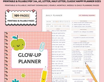 Printable Glow Up Planner | Self Care Habit Tracker | Mindset Goals Wellness Routine Pages