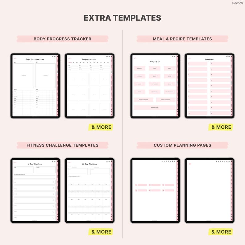 May include: Digital planner templates on black tablets. Categories include body progress trackers, meal and recipe templates, fitness challenge templates, and custom planning pages. The text "EXTRA TEMPLATES" is at the top, with "& MORE" at the bottom of each section.