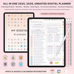 Puede incluir: Planificador digital para 2025 y 2026, con páginas mensuales, semanales y diarias. El planificador está totalmente enlazado e incluye 56 secciones. Compatible con Goodnotes, Notability, Xodo, Samsung Notes, Penly y otras aplicaciones de anotación. Diseño elegante.