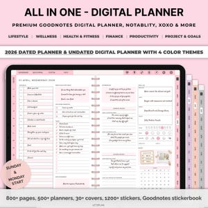 May include: Digital planner with a pink theme, featuring a 2026 dated and undated layout. Includes sections for lifestyle, wellness, health, finance, and productivity. The planner has 800+ pages, 500+ planners, 30+ covers, and 1200+ stickers.
