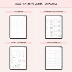 K&ouml;nnte beinhalten: Digitale Essensplanungs-Vorlagen auf Tablets. Sie umfassen eine Einkaufsliste, Zutatenersatz, K&uuml;chenumrechnungen und K&uuml;cheninventar. Der Text "MEAL PLANNING EXTRA TEMPLATES" steht oben.