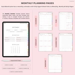 K&ouml;nnte beinhalten: Digitale Planerseiten mit dem Text "MONTHLY PLANNING PAGES". Das Bild zeigt ein Tablet mit einem Monatskalender, Wochenplan und Tagesplan. Zus&auml;tzliche Seiten umfassen eine Checkliste, Reinigungsaufgabe und Inventar.