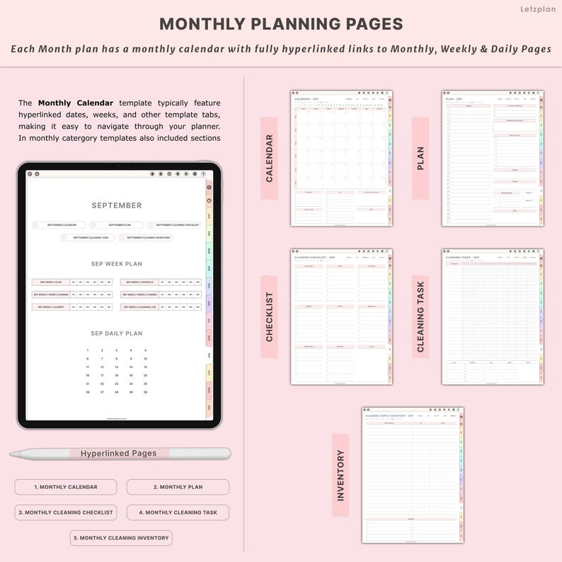 K&ouml;nnte beinhalten: Digitale Planerseiten mit dem Text "MONTHLY PLANNING PAGES". Das Bild zeigt ein Tablet mit einem Monatskalender, Wochenplan und Tagesplan. Zus&auml;tzliche Seiten umfassen eine Checkliste, Reinigungsaufgabe und Inventar.