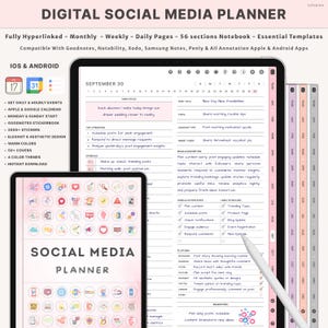 Op de afbeelding: Digitale social media planner weergegeven op twee tablets. De planner bevat dagelijkse, wekelijkse en maandelijkse secties, met in totaal 56 secties. Functies zijn onder meer een kalender, stickers en kleurthema's. De tekst "SOCIAL MEDIA PLANNER" is zichtbaar.