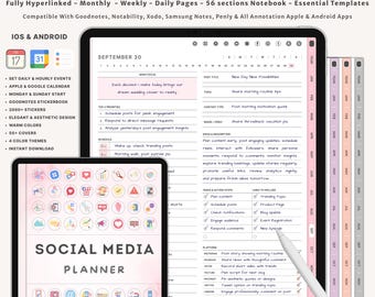 Digital Social Media Planner for iPad GoodNotes Notability | Instagram TikTok YouTube Content Calendar | Hyperlinked Undated PDF
