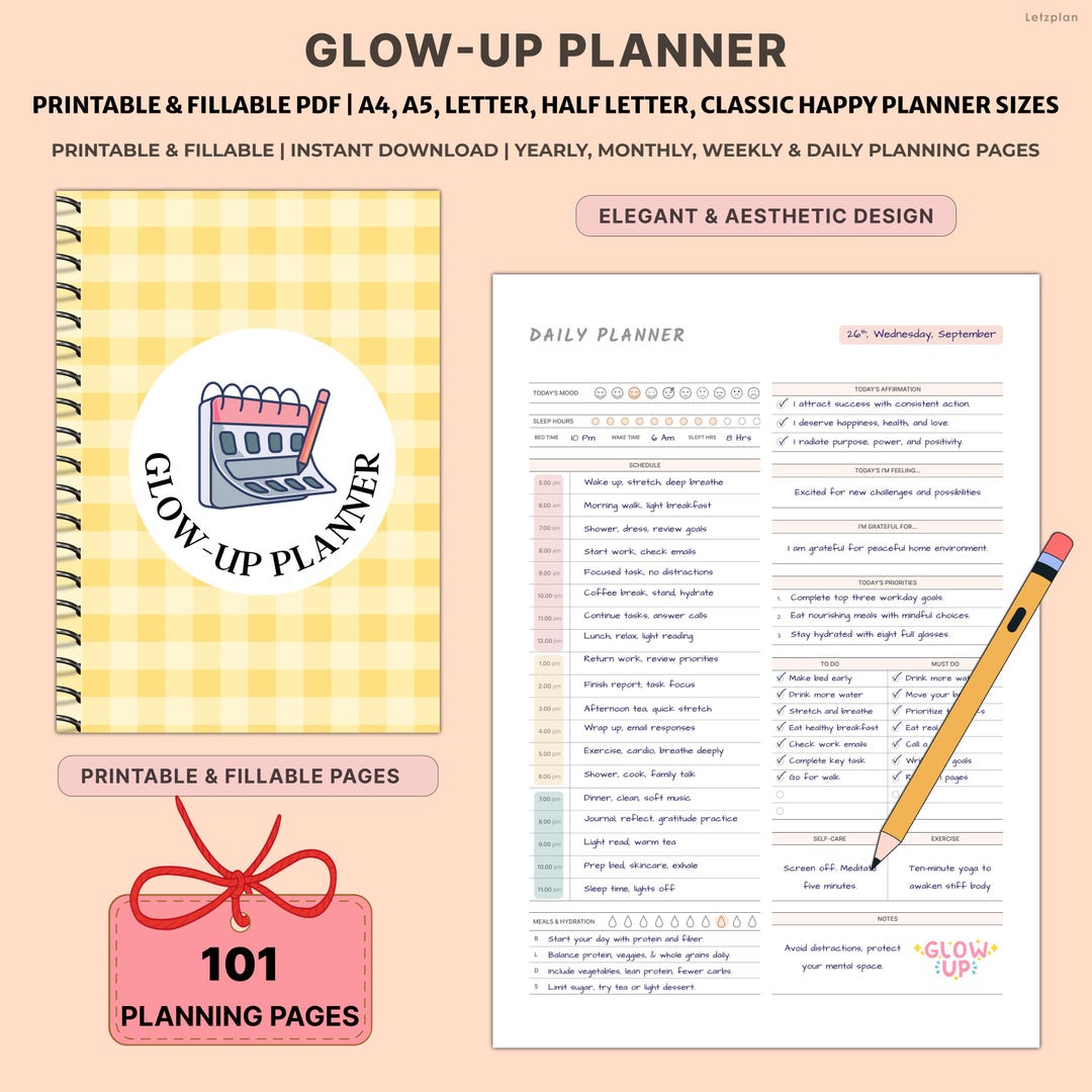 Printable Glow up Planner Bundle | Undated Self Care & Transformation ...