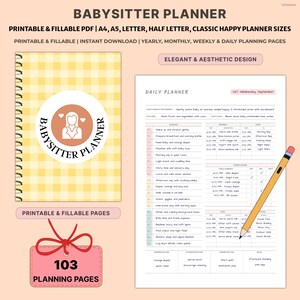 May include: A Babysitter Planner with a yellow gingham cover and spiral binding. The planner includes printable and fillable PDF pages, with yearly, monthly, weekly, and daily planning pages. The planner has 103 planning pages.