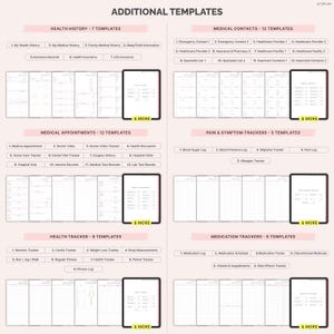 Pu&ograve; includere: Modelli di pianificatore digitale con vari tracker sanitari e medici, tra cui storia della salute, contatti medici, appuntamenti, dolore e registri dei farmaci. I modelli sono visualizzati su tablet con uno schema di colori rosa e bianco. Il testo include "Additional Templates" e "Let's Plan."