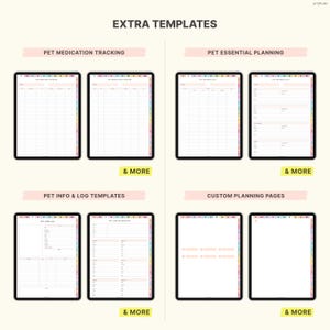 May include: Digital planner templates for pet care, including medication tracking, essential planning, and info logs. The templates are displayed on black tablets with colorful side tabs. Text includes "EXTRA TEMPLATES", "PET MEDICATION TRACKING", "PET ESSENTIAL PLANNING", "PET INFO & LOG TEMPLATES", and "CUSTOM PLANNING PAGES".