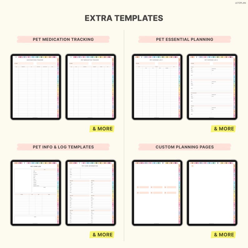 May include: Digital planner templates for pet care, including medication tracking, essential planning, and info logs. The templates are displayed on black tablets with colorful side tabs. Text includes "EXTRA TEMPLATES", "PET MEDICATION TRACKING", "PET ESSENTIAL PLANNING", "PET INFO & LOG TEMPLATES", and "CUSTOM PLANNING PAGES".
