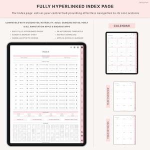 K&ouml;nnte beinhalten: Ein digitaler Planer auf einem Tablet, der eine pink-wei&szlig;e Indexseite, einen Kalender und andere Planungsbereiche zeigt. Das Bild zeigt auch eine Kalenderansicht, eine Jahres&uuml;bersicht und wichtige Daten. Der Text enth&auml;lt "FULLY HYPERLINKED INDEX PAGE".