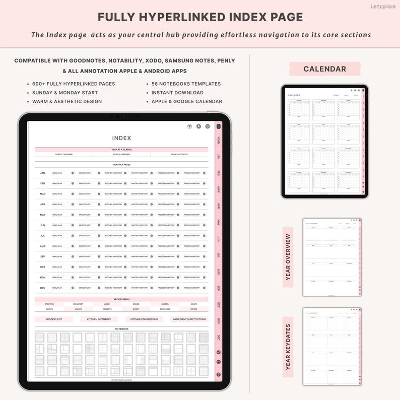K&ouml;nnte beinhalten: Ein digitaler Planer auf einem Tablet, der eine pink-wei&szlig;e Indexseite, einen Kalender und andere Planungsbereiche zeigt. Das Bild zeigt auch eine Kalenderansicht, eine Jahres&uuml;bersicht und wichtige Daten. Der Text enth&auml;lt "FULLY HYPERLINKED INDEX PAGE".