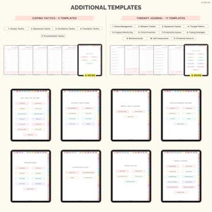 May include: Digital templates for therapy and self-care, including coping tactics and therapy journals. The image displays several digital tablets with various templates, such as stress management, behavior tracking, and emotional check-in. Text on the image reads "ADDITIONAL TEMPLATES".