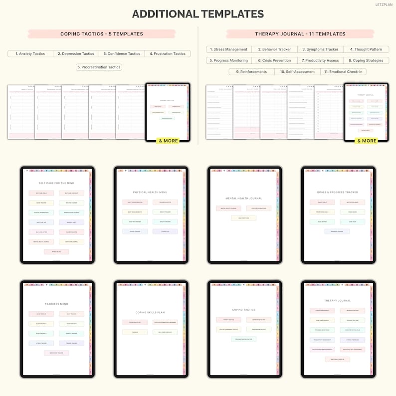 May include: Digital templates for therapy and self-care, including coping tactics and therapy journals. The image displays several digital tablets with various templates, such as stress management, behavior tracking, and emotional check-in. Text on the image reads "ADDITIONAL TEMPLATES".