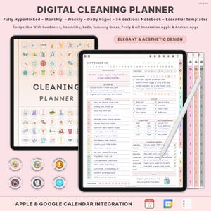 Op de afbeelding: Digitale schoonmaakplanner weergegeven op twee tablets. De planner bevat maandelijkse, wekelijkse en dagelijkse pagina's met 56 secties. Compatibel met diverse notitie-apps. De tekst op het scherm luidt "30 september" en "Schoonmaakplanner".