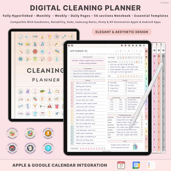 Digital Home Cleaning Schedule Bundle Deep Clean Checklist Room by Room Planner Chore Chart Daily Weekly Monthly ADHD Organizer PDF
