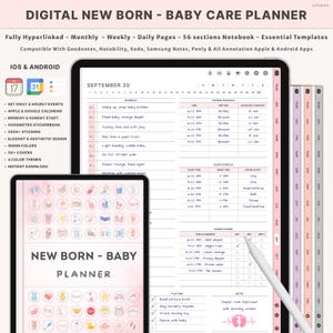 May include: Digital baby care planner on a tablet, featuring daily, weekly, and monthly sections. Includes a schedule, feeding log, and diaper change tracker. The planner has a warm color scheme and is compatible with iOS and Android devices.