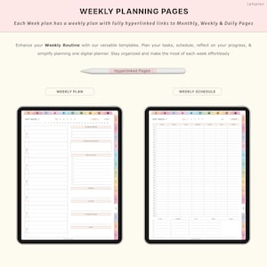 May include: Digital weekly planning pages displayed on two tablets. The text "WEEKLY PLANNING PAGES" is at the top. One tablet shows a weekly plan layout, and the other shows a weekly schedule layout. A stylus with the text "Hyperlinked Pages" is also shown.